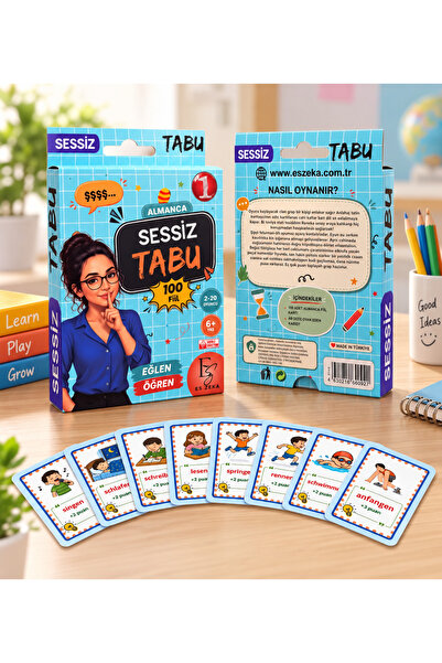es zeka Almanca Sessiz Tabu Oyunu SERİ 1 - 100 Fiil Kartı & Skor Kağıdı ile A...