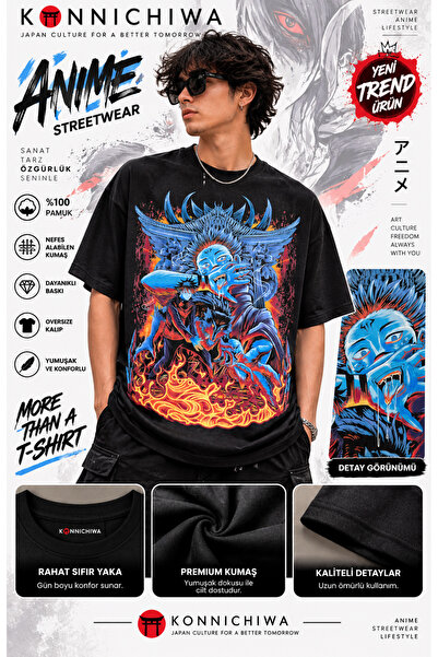 FG KONNİCHİWA jujutsu kaisen Anime Baskılı Unisex Siyah Tshirt Gojo Ryomen Su...