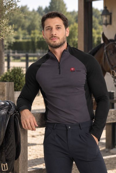 PEUR RIDER SHOP تي شيرت رجالي بأكمام طويلة مزين بسحاب وأكمام طويلة باللون الأسود