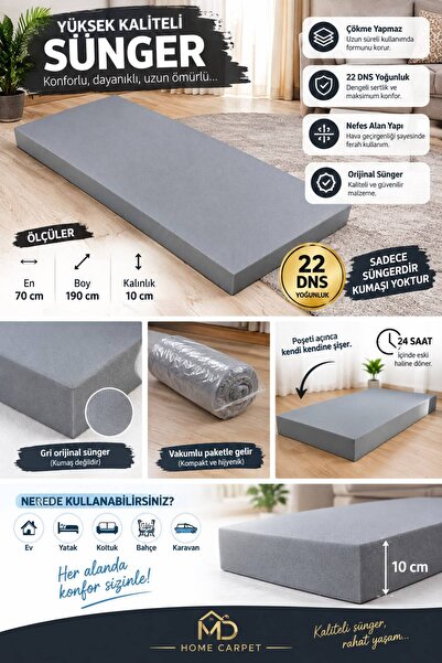 md home carpet Orjinal Gri Sünger 70x190x10 cm Kılıfsız Sadece Sünger 22 DNS