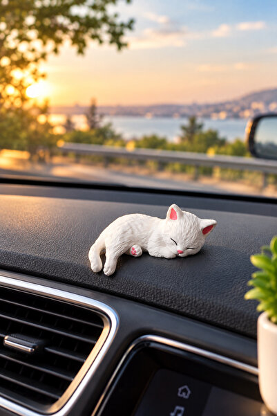 Atsutech Monitör Üstü ve Araç İçi Uyuyan Kedi Biblo - Estetik Beyaz Kedi Figü...