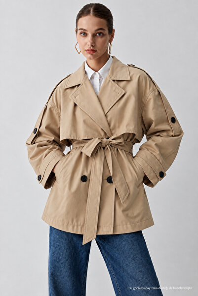 Layk Mayk Women's Lined Beige Belted Short Trench Jacket-L-00201967