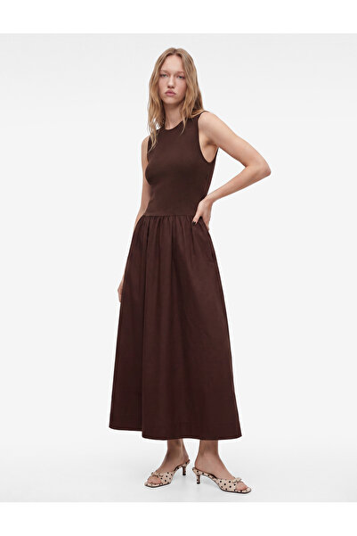 Koton Cotton Comfortable Fit A-Line Sleeveless Crew Neck Long Dress