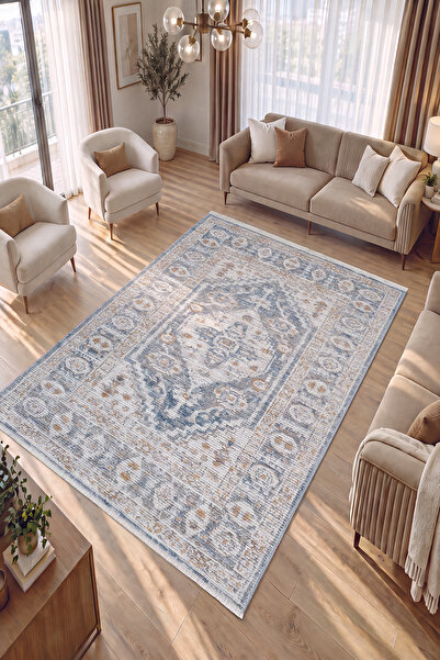Cool Halı Belina Krem Mavi Salon Halısı Etnik Desen Vintage Klasik Göbekli Bu...