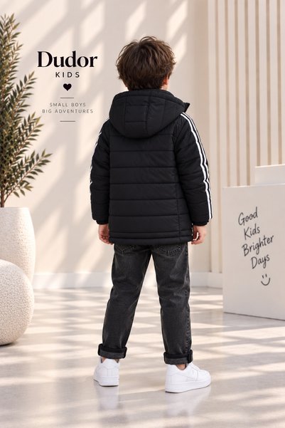 DUDOR KİDS Boys' Water-Repellent Hooded Black Coat