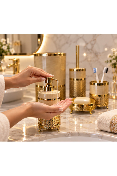 GLORİNDA HOME Luxury 5-Piece Bathroom Set with Gold Details, Stylish Cage Model, Cream Color Toothbrush Holder, Liquid Soap Dispenser, Etc.