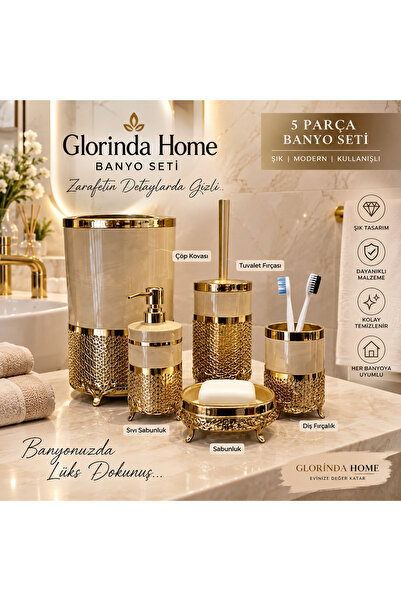 GLORİNDA HOME طقم حمام فاخر مكون من 5 قطع بتفاصيل ذهبية، يتضمن فرشاة أسنان بل...