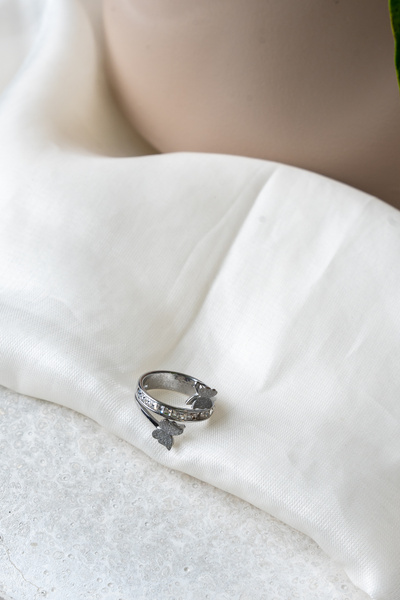 HediyemStil Steel Silver Color Butterfly Figured Stone Minimal Women's Ring