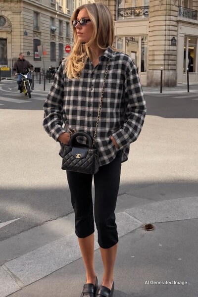 Madmext Black Oversized Plaid Patterned Women's Shirt MG2589