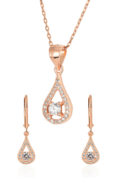 BY BARUN SİLVER 925 Ayar Gümüş Zirkon Taşlı Damla Set (Rose) Kadın Hediyelik