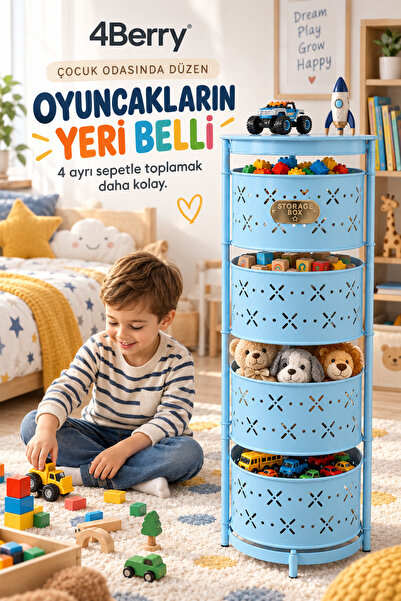 4 Berry 4 Katlı Metal Çok Amaçlı Oyuncak Dolabı ve Düzenleyici Sepet – Oyunca...