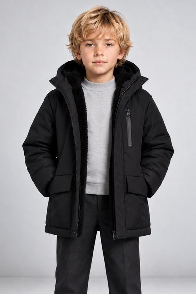 Freemen Boys Black Fur Lined Waterproof & Windproof Hooded 3-Pocket Winter Coats & Parkas