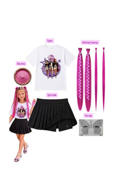 bemora kids Kpop Printed T-Shirt T-Shirt + Black Shorts Skirt + Pink Mira Gli...