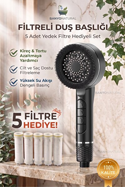 banyonatural Siyah 6 Fonksiyonlu Piyano Basmalı Filtreli El Duş Başlığı + 5 Y...