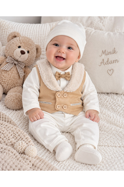 Ponpon Baby 6 parça Erkek bebek mevlüt takımı yakası kürk peluş bebek hediyelik
