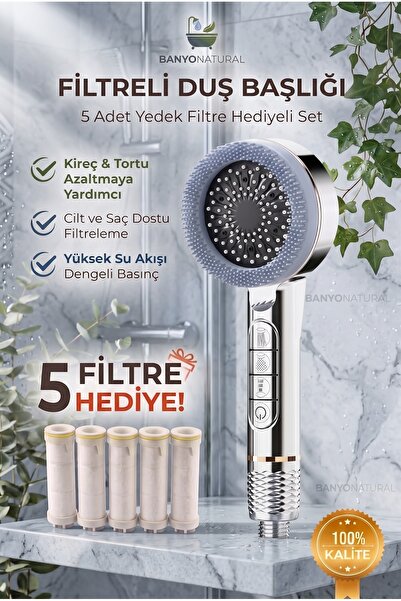banyonatural 4 Fonksiyonlu Piyano Basmalı Filtreli El Duş Başlığı + 5 Yedek F...
