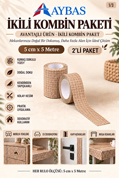 Aybas 5 cm x 5 Metre 2'li Rattan Kendinden Yapışkanlı Ahşap Desenli Kumaş Fol...