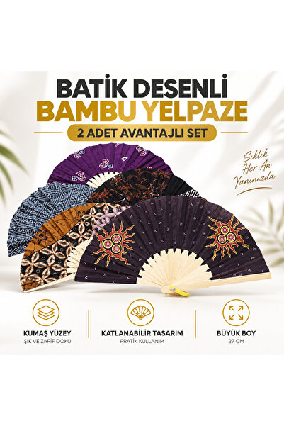 e-life shop Bambu Ahşap Yelpaze 27 cm Büyük Boy Batik Desenli Japon Tarzı Kat...