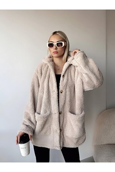 ÇEÇİM DOUBLE POCKET BUTTONED FRONT OVERSIZE PLUSH JACKET ZYN-58557