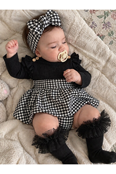 Jammybaby Kazayağı Desenli Elbise ve Bandana Set Omuz Fırfır Detaylı %100 Pam...