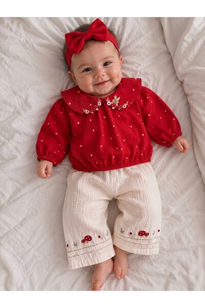 Valia Baby Tavşan Nakış Yakalı Müslin Kız Bebek 2'li Takım