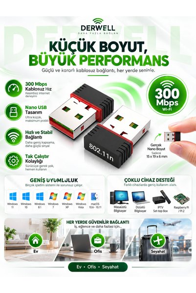 Derwell Usb Wifi Adaptörü 802.11n Anten 300 Mbps Usb Kablosuz Alıcı Dongle Ağ Kartı Masaüstü Güçlendirici
