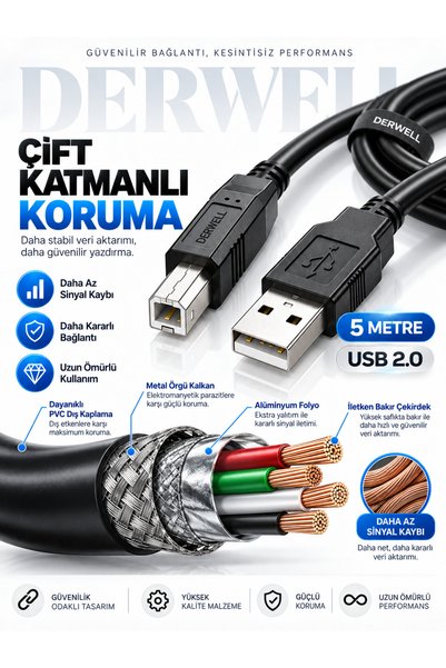 Derwell 5 Metre 5mt Yazıcı Kablosu Ara Printer Usb Bağlantı Kablosu Network Lazer ( Samsung - Hp Serisi - Canon - Brother - Xerox - Fotokopi/Fax/Yazıcı Kablosu