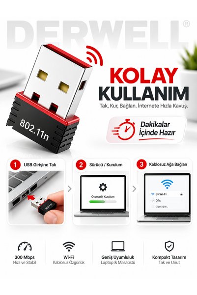 Derwell Usb Wifi Adaptörü 802.11n Anten 300 Mbps Usb Kablosuz Alıcı Dongle Ağ Kartı Masaüstü Güçlendirici