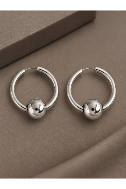 serelya Brass Silver Color Hoop Ball Model Women's Earrings
