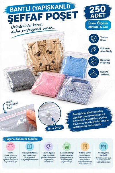erfa plastik ambalaj 1984'den beri 30x40+5 Cm 250 Adet Şeffaf Jelatin Bantlı ...
