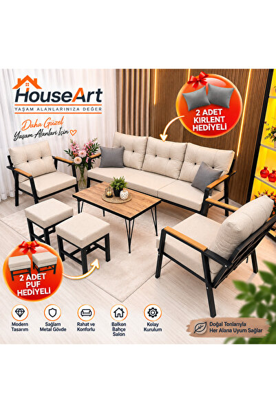 HouseART Balkon, Bahçe - Metal Kanepe Koltuk Takımı 3+1+1 + 2 adet Puf + Sehpa