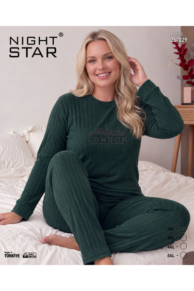 Night Star Roma Pamuklu Örme İnterlok London Baskılı Zümrüt Büyük Beden Pijam...