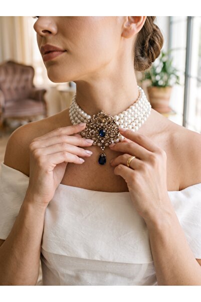 FAYRA ACCESSORIES Kristal Taş Sallantılı Arma İnci Kolye