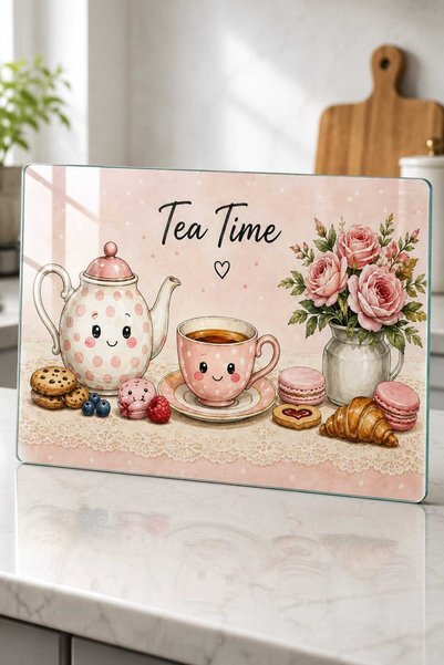 Generic Brand Glass Cutting Board Tea Time Themed Pink Polka Dot with Teapot Figure - Glass Cutting Board |   20cm X 30cm