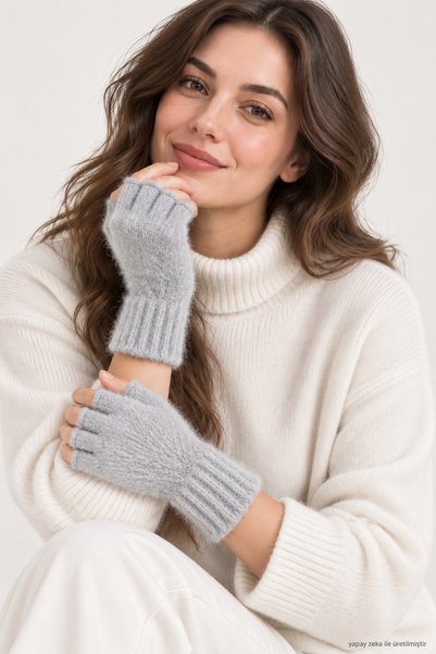 ZERAMİNE Women's Plush Short Finger Gloves Gray