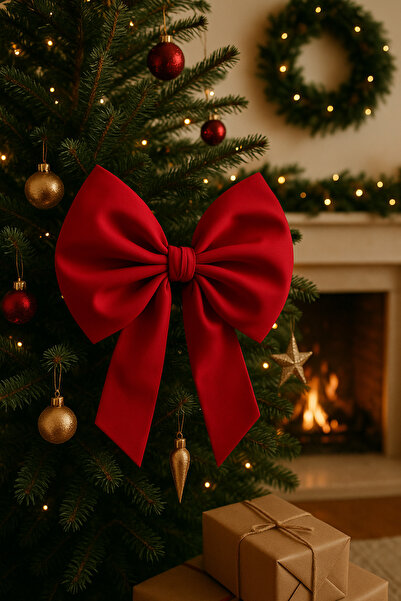 Beige & Stone New Year Tree Ornament Christmas Red Bow 30X35 cm Small
