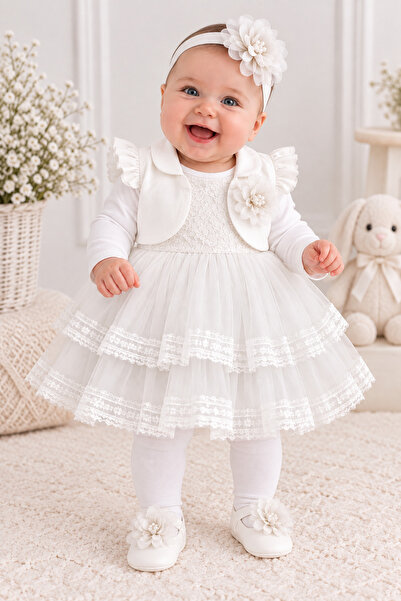 Ponpon Baby فستان مولد فاخر للبنات الرضع، 6 قطع، مع جاكيت بنقشة زهور، مناسب ك...