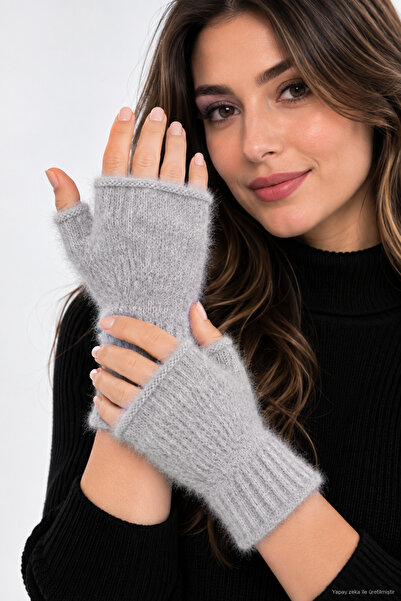 ZERAMİNE Women's Plush Gloves Fingerless Gloves Winter Gray
