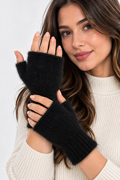 ZERAMİNE Women's Plush Gloves Fingerless Gloves Winter Black