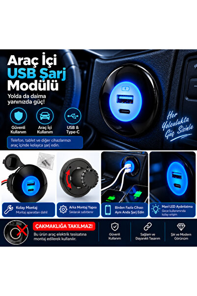 Genel Markalar Araç İçi Gömme Tip USB-A QC3.0 + Type-C PD3.0 Şarj Soketi – LE...