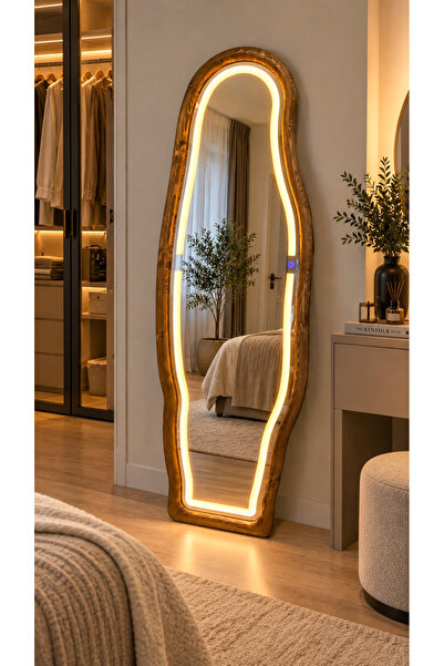 EFFE YAPI DEKOR LEDLİ DOĞAL AHŞAP ÇERÇEVELİ 180X60 CM ( CEVİZ ) ASİMETRİK AYA...