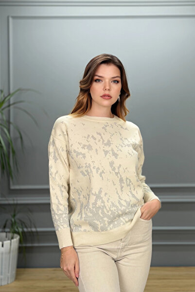 Bİ.GİYSEN Kadın Krem Gri Sim Detaylı Bisiklet Yaka Batik Desen Yeni Sezon Lik...
