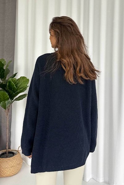 Mine Tan Butik Zipper Detail Tunic Knitwear - Navy Blue