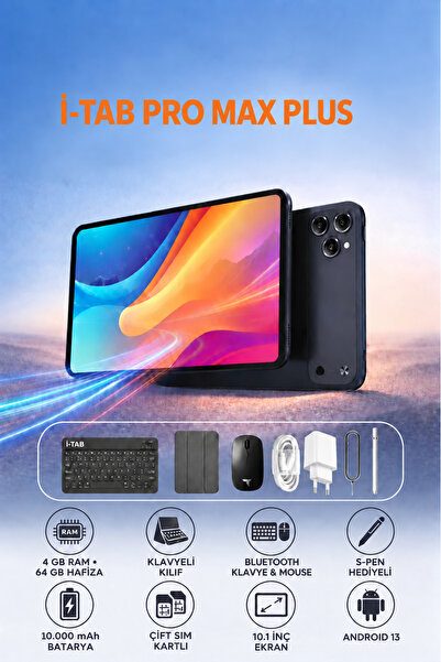 İ-TAB PRO MAX PLUS 4GB RAM 64GB Hafıza Klavyeli Kılıf + Bluetooth Klavye & Mo...
