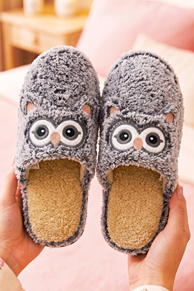 StWenn Women's Owl Figured Plush House Slippers Closed Toe Open Heel Plush In...