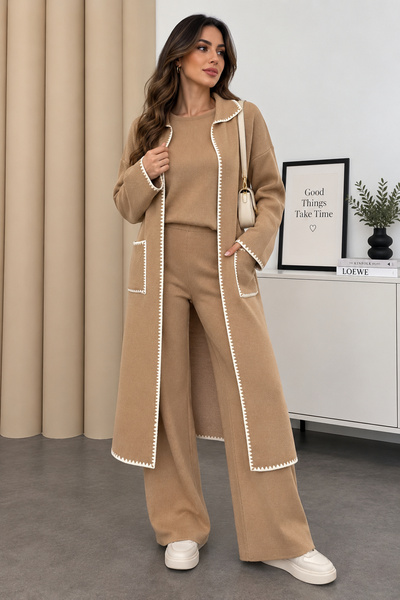 H&E LUXURY DESIGN Kadın Yumuşak Dokulu Camel Şerit Detaylı Cepli 3'lü Triko T...