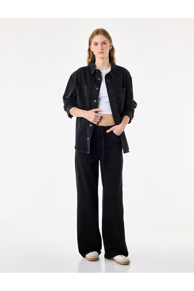 Koton Cotton Loose Fit Denim Trousers with Snap Buttons and Tie Waist - Loose...