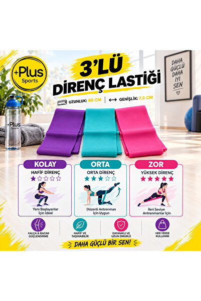 PLUSSPORT Hafif-Orta-Sert Direnç Pilates Bandı Seti 3'lü 90X7.5 Cm
