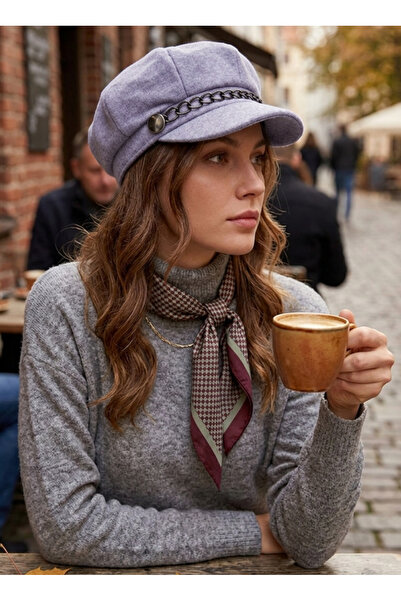 STELLA VESTİNO Kaşe Kadın Kışlık Kaptan Şapka - Zincir Detaylı Baker Boy Ress...
