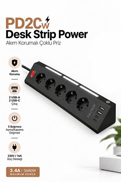 Yussraw Fulltech FTR-26 Akım Korumalı Priz Siyah 9’lu (5 Priz + 2 USB-A + 2 U...